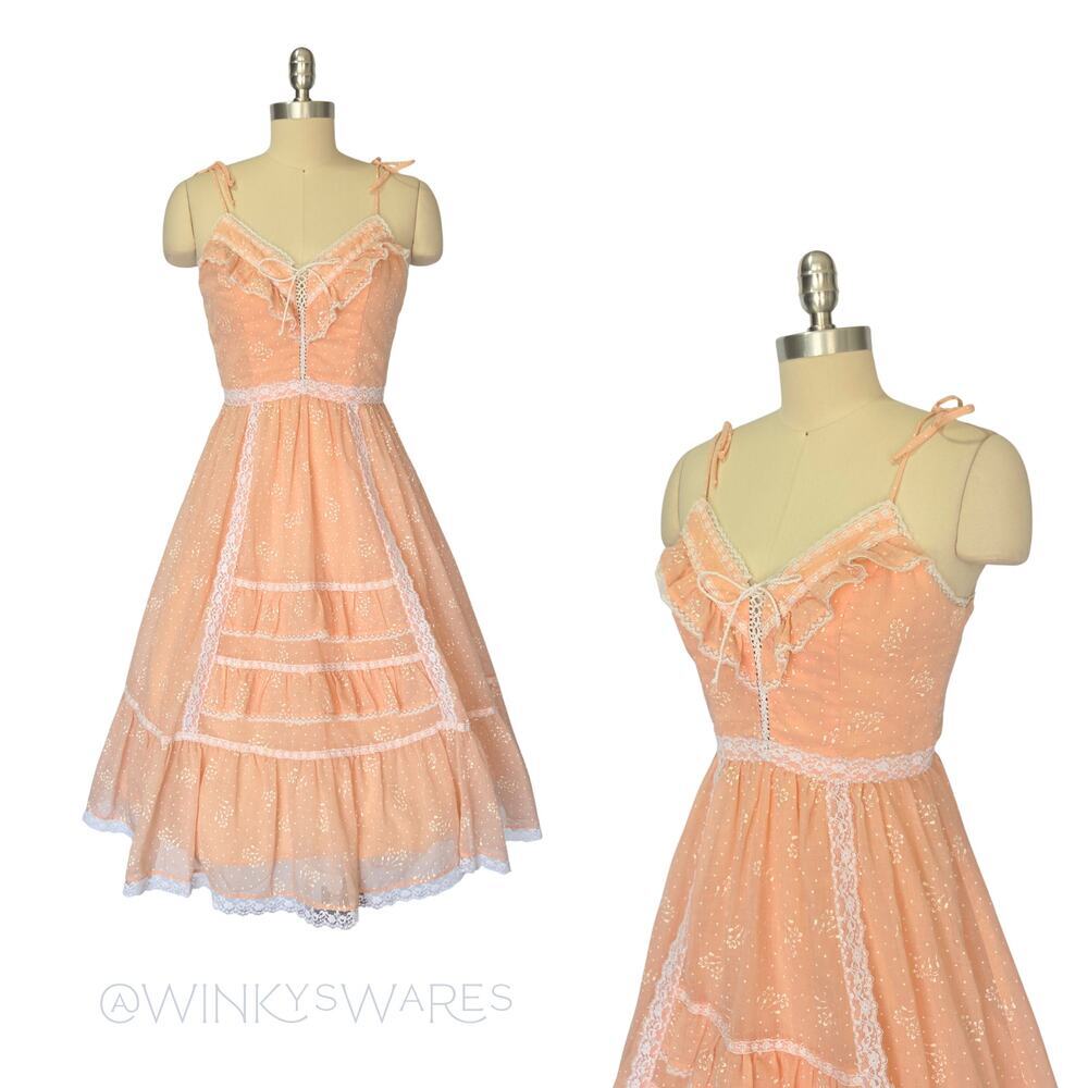 Candi Jones Vintage 70s Prairie Midi Dress Size S 9 Peach Pink Corset Lace Up